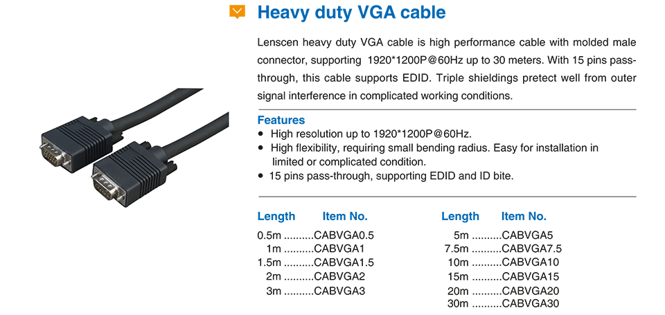 Heavy duty VGA cable